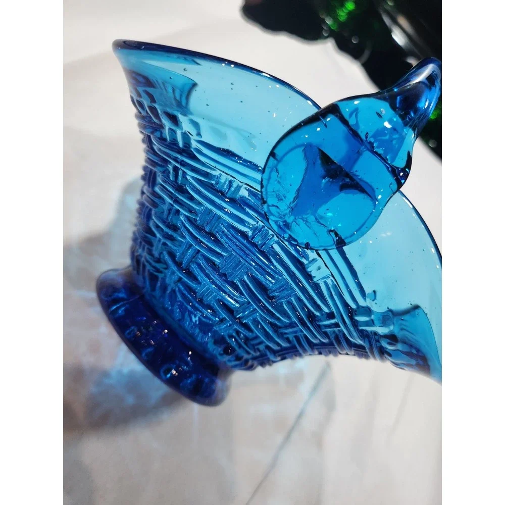 Fenton Style~ Basketweave Basket~ Ruffled~Crimped~Blue Glass~Trinket~Candy Dish
